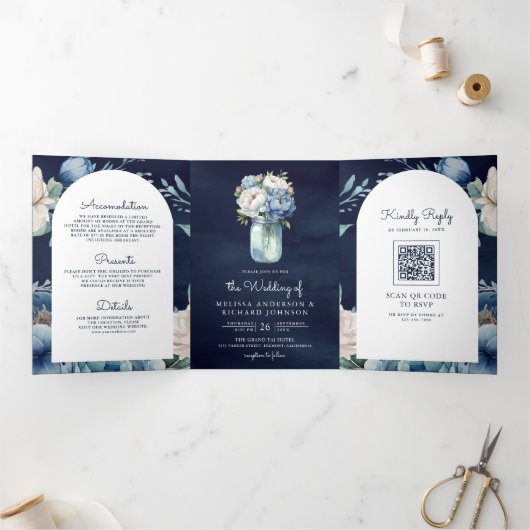 ネイビーブルー牡丹メイスンジャーQRコー結婚ド 三つ折り招待状 (内部)