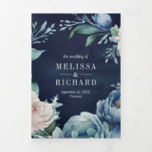 ネイビーブルー牡丹メイスンジャーQRコー結婚ド 三つ折り招待状 (カバー)