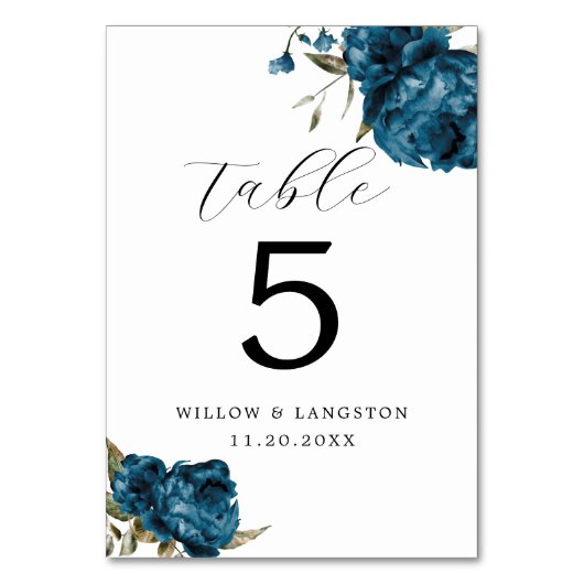 ネイビーブルー牡丹結婚花のテーブル番号 テーブルナンバー (正面)
