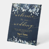 ネイビーブルー牡丹金ゴールド書道ウェルカム結婚ズ 台座サイン (正面)