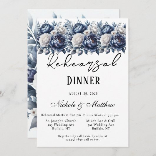 ネイビーブルー牡丹&ホワイトローズリハーサルディナー 招待状 (正面/裏面)