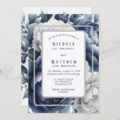 ネイビーブルー牡丹&ホワイトローズ結婚ズ 招待状 (正面/裏面)