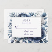 ネイビーブルー牡丹&ホワイトローゼウェディングRSVP インビテーションポストカード (正面/裏面)