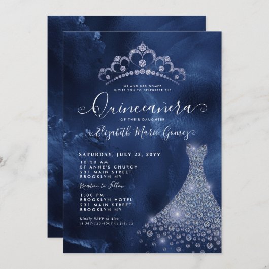 ネイビーブルー王室のダイヤモンドティアラドレスキンセアニェラ 招待状 (正面/裏面)