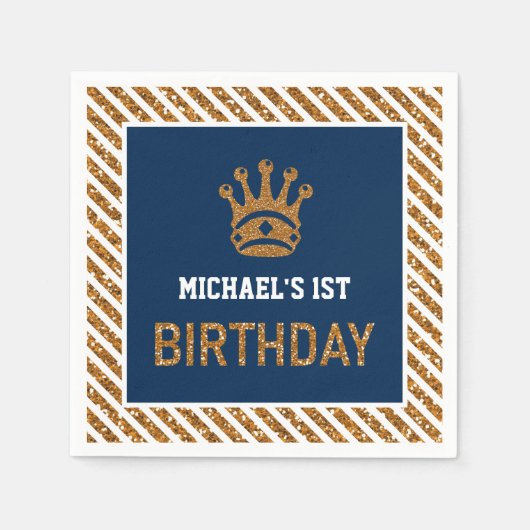 ネイビーブルー王室の金ゴールドプリンスクラウン第1誕生日 スタンダードカクテルナプキン (正面)