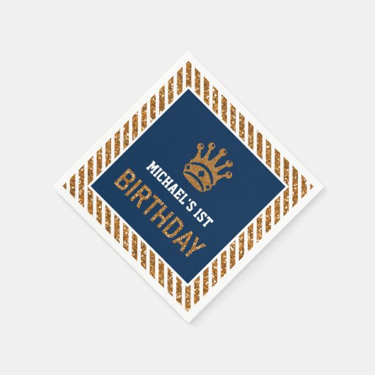 ネイビーブルー王室の金ゴールドプリンスクラウン第1誕生日 スタンダードカクテルナプキン (角)