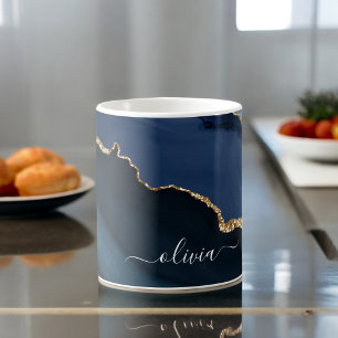 ネイビーブルー瑪瑙ジオードゴールドモノグラム コーヒーマグカップ