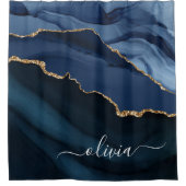 ネイビーブルー瑪瑙ジオードゴールドモノグラム シャワーカーテン (正面)