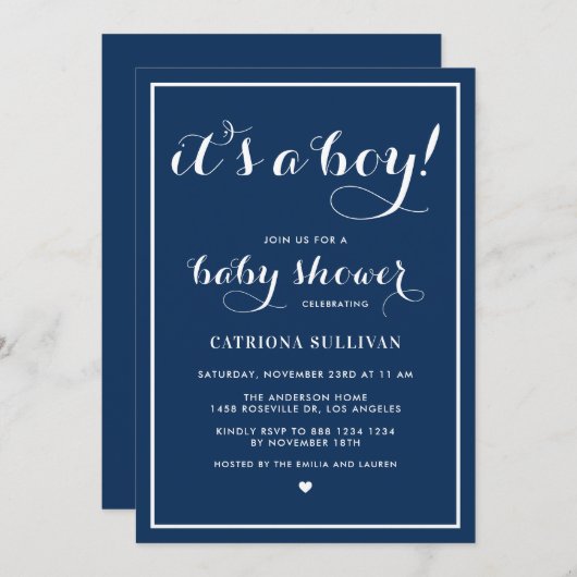 ネイビーブルー男の子の台本の赤航海のちゃんシャワー 招待状 (正面/裏面)