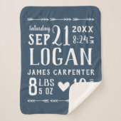 ネイビーブルー男の赤ちゃん誕生統計キープサケ シェルパブランケット (正面)