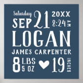 ネイビーブルー男の赤ちゃん誕生統計キープサケ ポスター (正面)