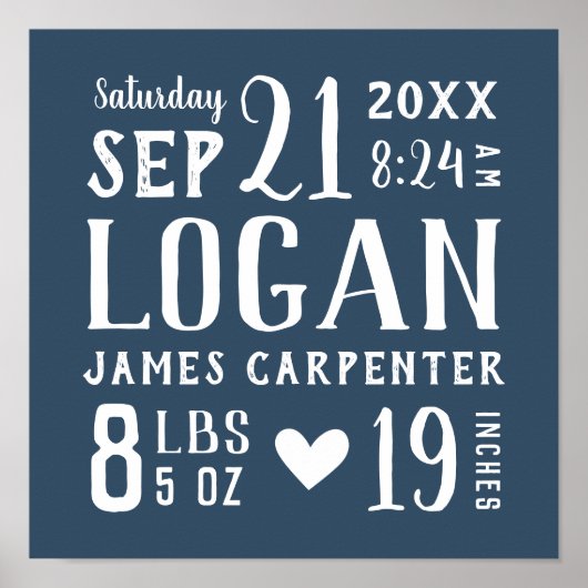 ネイビーブルー男の赤ちゃん誕生統計キープサケ ポスター (正面)