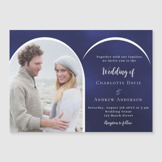 ネイビーブルー白いフォトアー結婚チ マグネット招待状 (正面)