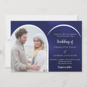 ネイビーブルー白いフォトアー結婚チ 招待状 (正面)