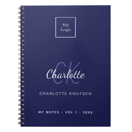 ネイビーブルー白のイニシャル名ビジネスロゴ ノートブック (正面)