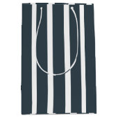 ネイビーブルー白の垂直ストライプパターン ミディアムペーパーバッグ (正面)