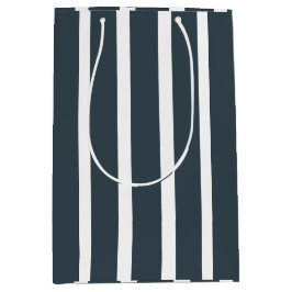 ネイビーブルー白の垂直ストライプパターン ミディアムペーパーバッグ