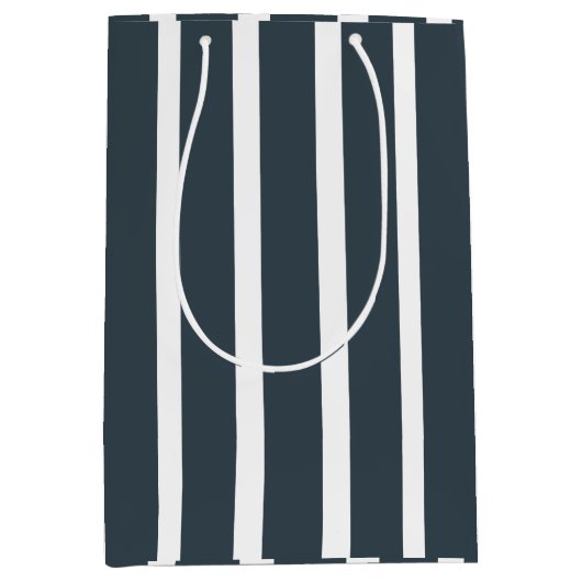ネイビーブルー白の垂直ストライプパターン ミディアムペーパーバッグ (正面)