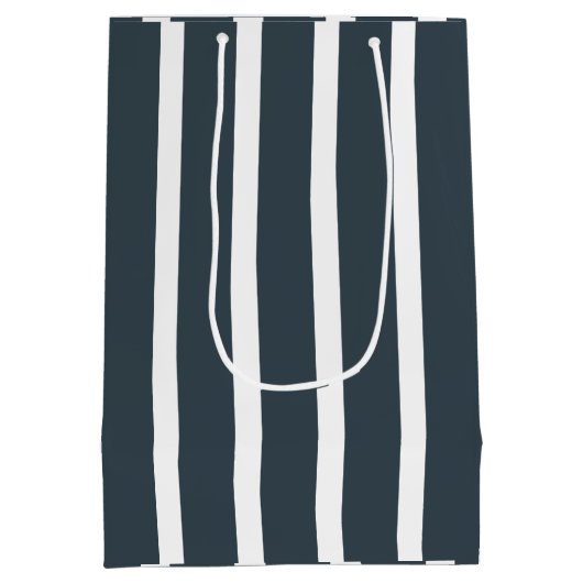 ネイビーブルー白の垂直ストライプパターン ミディアムペーパーバッグ (裏面)