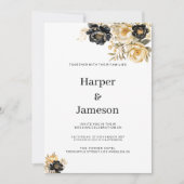 ネイビーブルー白アイボリー金ゴールド牡丹フローラ結婚ズ 招待状 (正面)