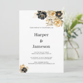 ネイビーブルー白アイボリー金ゴールド牡丹フローラ結婚ズ 招待状 (スタンド正面)