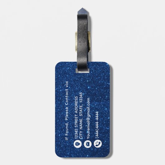 ネイビーブルー白グリッターモノグラム名荷物タグ ラゲッジタグ (裏面縦)