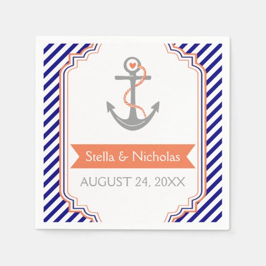 ネイビーブルー白サンゴいかり航海の結婚ズ スタンダードカクテルナプキン (正面)