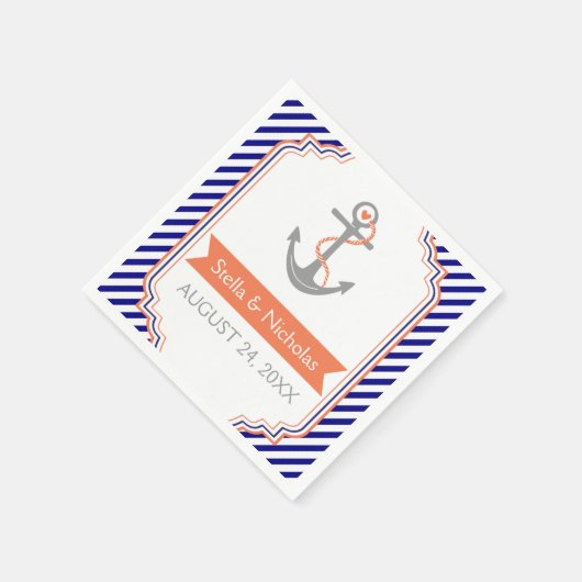 ネイビーブルー白サンゴいかり航海の結婚ズ スタンダードカクテルナプキン (角)