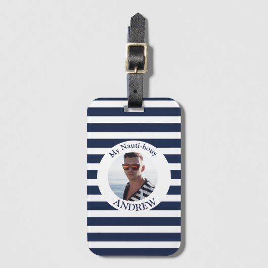 ネイビーブルー白ストライプの写航海の真 ラゲッジタグ (正面縦)