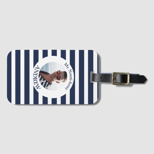 ネイビーブルー白ストライプの写航海の真 ラゲッジタグ (正面横)