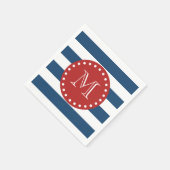 ネイビーブルー白ストライプ色のパターン、赤モノグラム スタンダードカクテルナプキン (角)