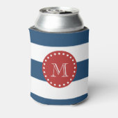 ネイビーブルー白ストライプ色のパターン、赤モノグラム 缶クーラー (缶裏面)