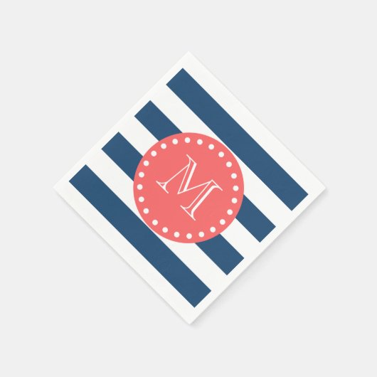 ネイビーブルー白ストライプ色の模様、コーラルモノグラム スタンダードカクテルナプキン (角)