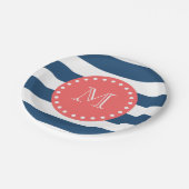ネイビーブルー白ストライプ色の模様、コーラルモノグラム ペーパープレート (アングル)