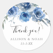 ネイビーブルー白フローラ水彩結婚式の引き出物 ラウンドシール (正面)