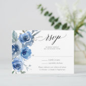 ネイビーブルー白フローラ水彩結婚式RSVP エンクロージャーカード (スタンド正面)