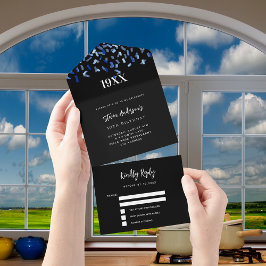 ネイビーブルー白紙吹雪年の誕生日の出欠 オールインワン招待状