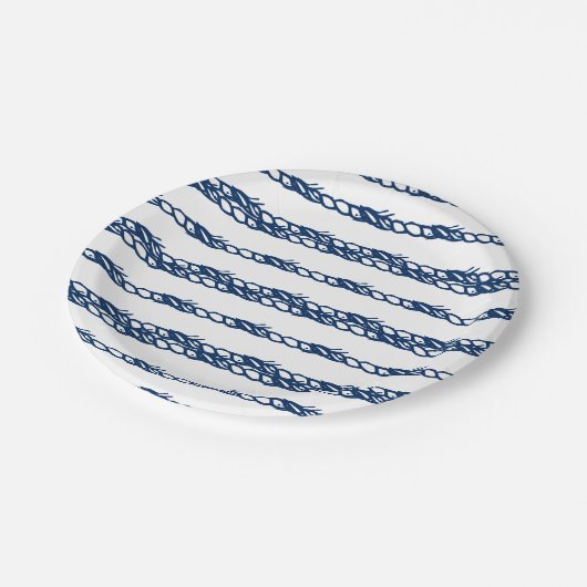 ネイビーブルー白航海の波ロープパーティー ペーパープレート (アングル)