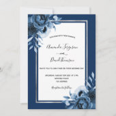 ネイビーブルー白花模様シルバーシック結婚ズ 招待状 (正面)