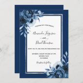 ネイビーブルー白花模様シルバーシック結婚ズ 招待状 (正面/裏面)
