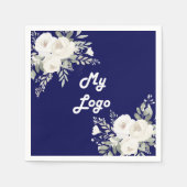ネイビーブルー白花模様ビジネスロゴ スタンダードカクテルナプキン (正面)