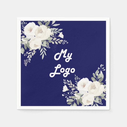 ネイビーブルー白花模様ビジネスロゴ スタンダードカクテルナプキン (正面)