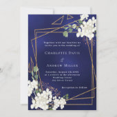 ネイビーブルー白花模様金ゴールド幾何結婚の 招待状 (正面)