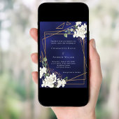 ネイビーブルー白花模様金ゴールド幾何結婚の 招待状