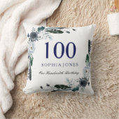 ネイビーブルー白黒フローラ100番目の誕生日ギフト クッション (ブランケット)