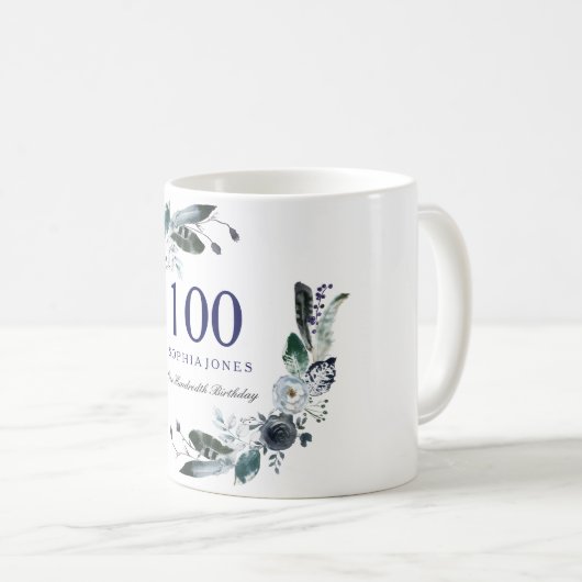 ネイビーブルー白黒フローラ100番目の誕生日ギフト コーヒーマグカップ (正面右)