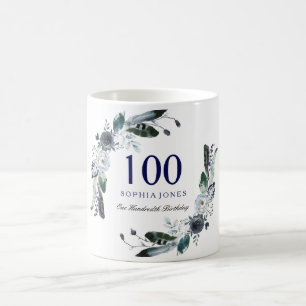 ネイビーブルー白黒フローラ100番目の誕生日ギフト コーヒーマグカップ