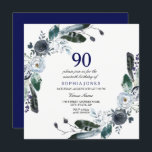 ネイビーブルー白黒フローラ90th誕生日招待状 招待状<br><div class="desc">ネイビーブルー白黒フローラ90th誕生日招待状マッチングコレクションのニッチとネストストア。Bohoシックなネイビーブルーホワイトフローラリース牡丹バラ水彩花</div>