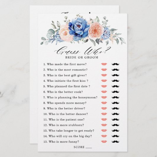 ネイビーブルー石板ほこりっぽい赤面ブライダルシャワーゲーム (正面/裏面)