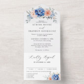 ネイビーブルー石板ダスティ赤面ピンクフローラ結婚ズ オールインワン招待状 (内側)